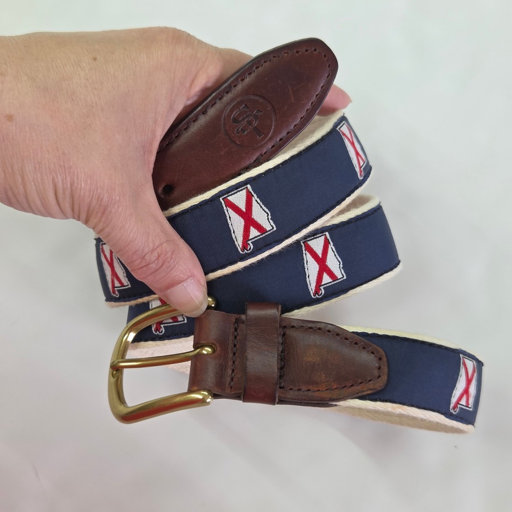 State Traditions Belt Mens 38 Navy Alabama Flag Ribbon Leather Brass Made in USA